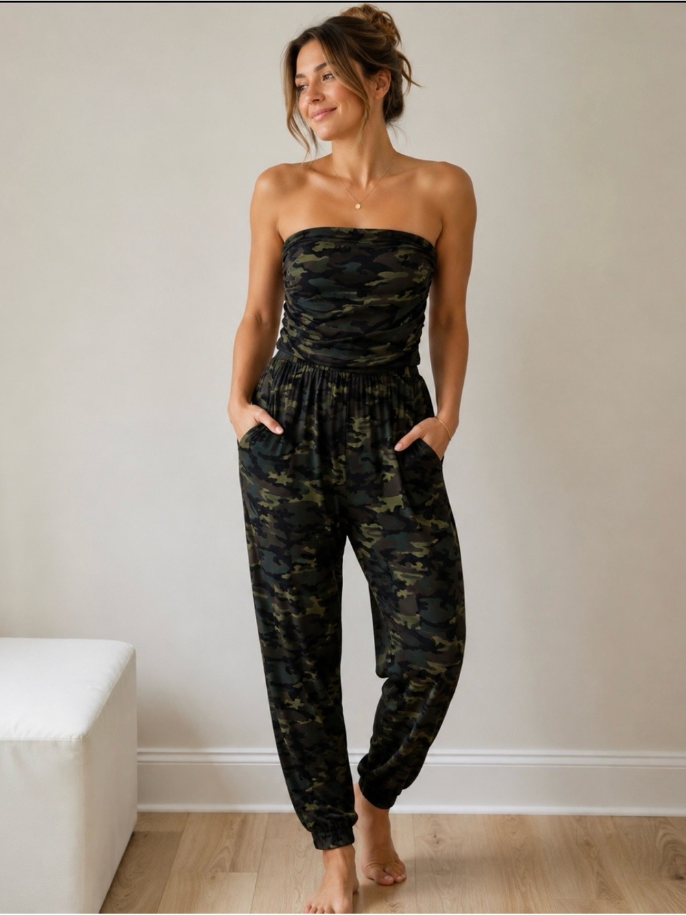 Riley + James Strapless Camouflage Romper in Olive Camo